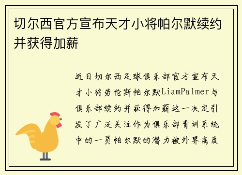 切尔西官方宣布天才小将帕尔默续约并获得加薪