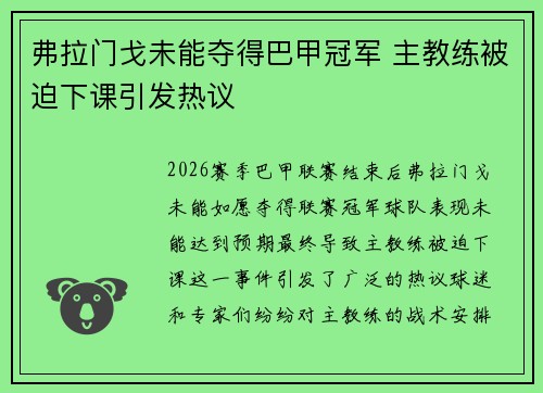 弗拉门戈未能夺得巴甲冠军 主教练被迫下课引发热议